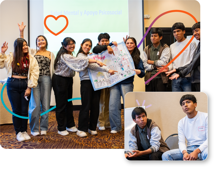Grupo de jóvenes mostrando un dibujo sobre salud mental