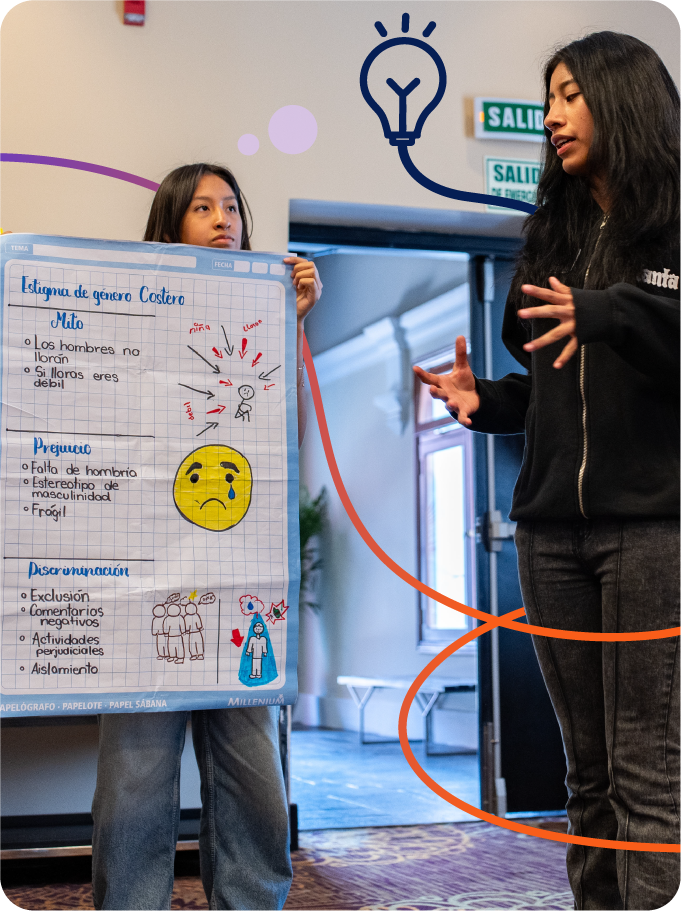 Dos adolescentes presentando un papelógrafo sobre estigma de género